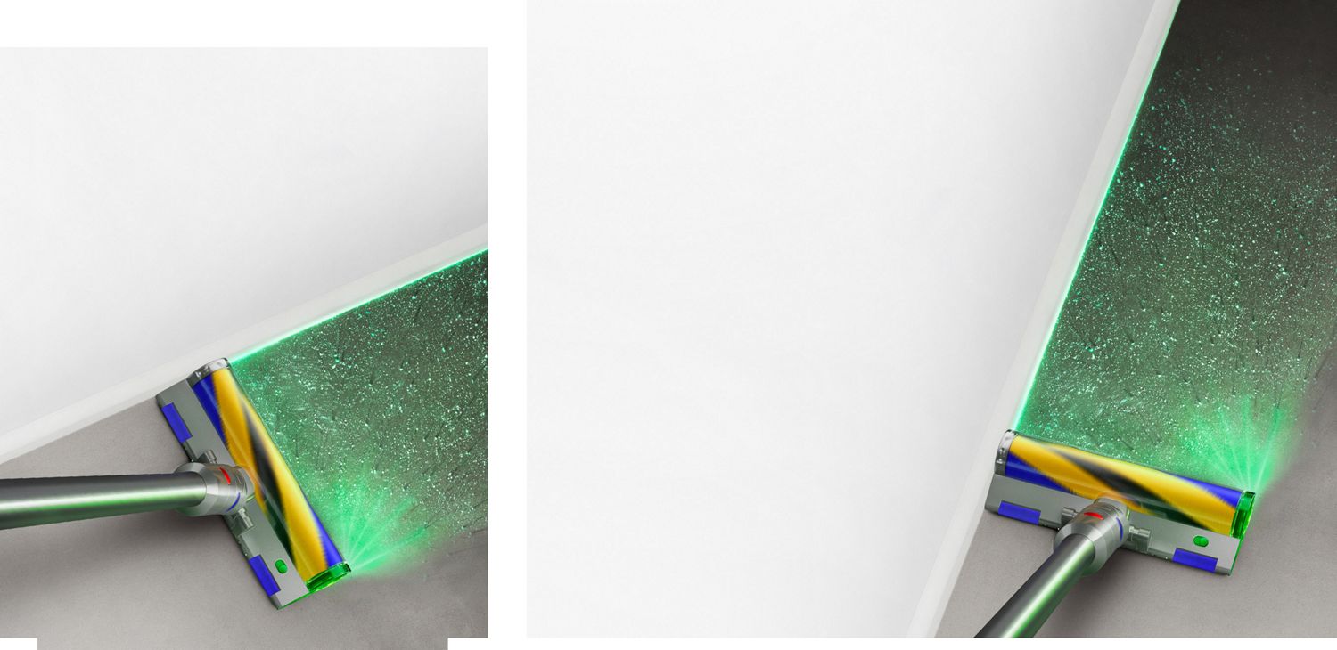 Laser Slim Fluffy vloerzuigmond maakt schoon langs een muur